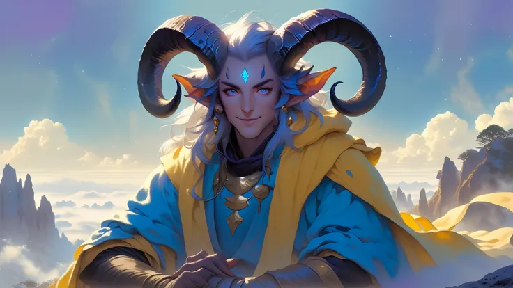 (close-up， best quality ,4K,8k, High resolution,masterpiece:1.2),ultradetailed,(realistic, photorealistic , photorealistic :1.37), Exotic and dreamy landscape , (Distant Planetary Sky, A male tiefling wearing an old and shabby yellow Jedi costume , blue an...