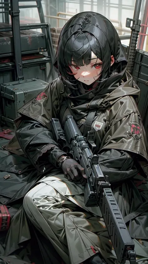  best quality、 detailed down to the smallest detail 、 lying down 、Anti-material rifleを両手で持つ、 hooded girl、Black hair with a bob cut、Red eyes、Anti-material rifle、Huge rifle、Heavy equipment、Black clothes、iron、metallic、