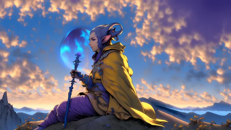 (close-up， best quality ,4K,8k, High resolution,masterpiece:1.2), anime, ultradetailed,(realistic, photorealistic , photorealistic :1.37), Exotic and dreamy landscape , (Distant Planetary Sky, A male tiefling wearing an old and shabby yellow Jedi costume ,...