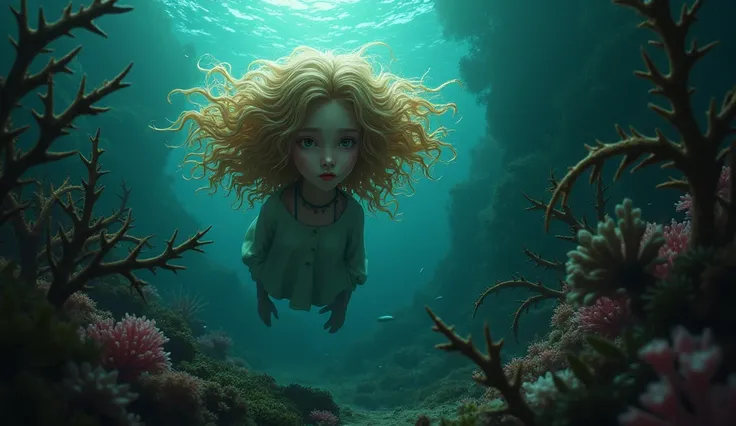 dark atmosphere image of a curly blonde girl, among stinging algae and sharp corals