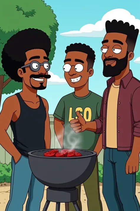 A picture of four black guys standing round a barbecue grill the first guy should have an Afro taper with a mustache the second guy should be wearing glasses wearing a black tank top w a silver front tooth the third guy should be a little bit taller than a...