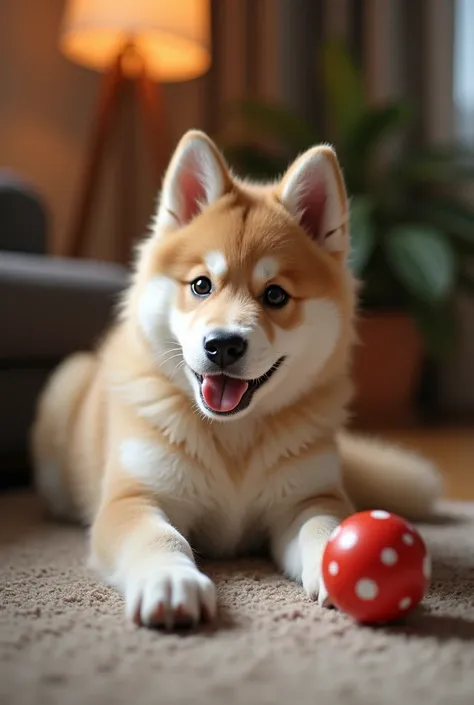  I need the image of A Nordic dog , like a MalaMut ,  looking puppy and happy .  Hes playing in a nice house ,  The atmosphere is warm and familiar ,  with warm lighting ,  highlights the joy in the dogs eyes.  Details a new toy .  