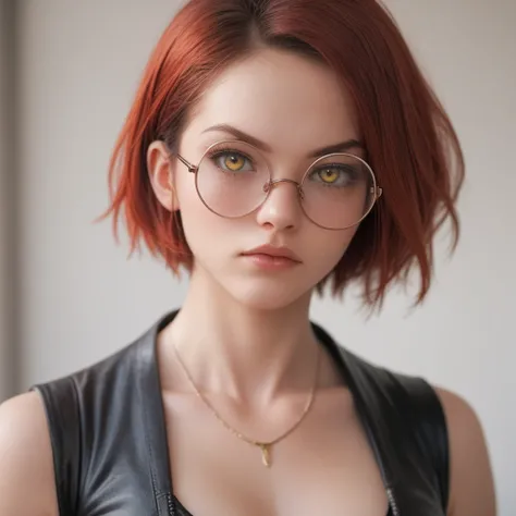 1 adult woman with a defined athletic physique, tough and intimidating with a serious expression, short red hair, yellow  eyes, wearing round frame glasses, very tasty fleshy mouth, using bandages as a top,  No blouse, wearing black leather pants, with han...