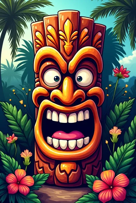  A Hawaiian restaurant logo with a tiki mask written on it "I look " inside your mouth