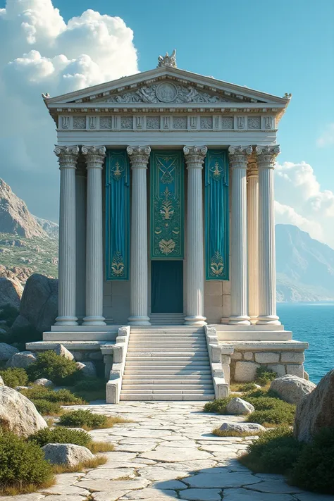 Tempio greco bianco con drappi decorativi blu e verdi, dedicato alla dea del mare