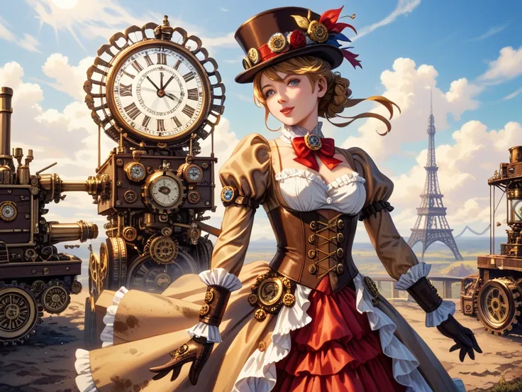  illustration of a woman in a dress and hat with a clock tower in the background,  pretty steampunk anime woman ,   detailed features of the steampunk girls clothing  , high quality steampunk art, Steampunk fantasy style, steampunk art, digital steampunk a...