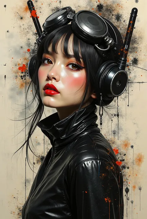 Hyper realistic painting, print collage of a hypermaximalist cryopunk, in the style of josef kote, grunge beauty, dain yoon, marroon tones, black and cream colours, highly detailed realism, multi-layered compositions, antonio mancini, dieselpunk 