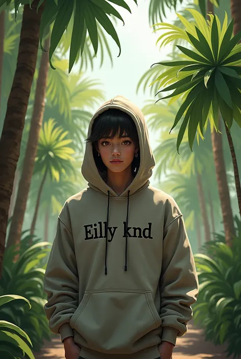  A young man wearing a hoody name on the hoody is EILLY KND standing under the coconut plantation 