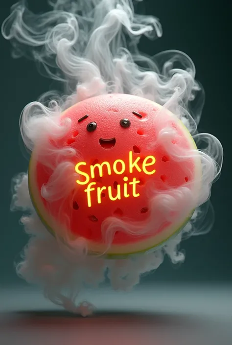 A white watermelon made from smoke. with a yellow text  "SMOKE FRUIT ".