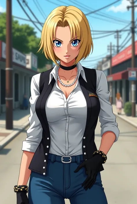 best quality, highres, and18, 1girl, android 18, solo, blonde hair, blue eyes, belt, jeans, pearl_necklace, bracelet, black gloves, white shirt, short hair, short sleeves, earrings, blue pants, open vest, black vest, medium breasts, cowboy shot, street, st...