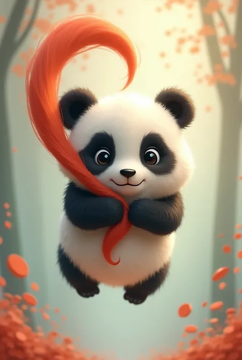 Cute panda suspended in the air tugging a chunk of red hair underneath 