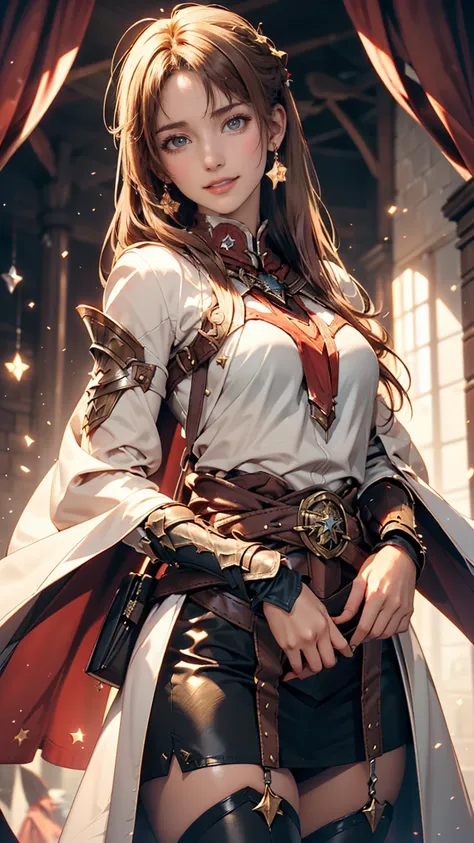 Asuna, Asuna_(Star), ( 1 girl,Alone) , fantasy,  high definition , 19,  original, (Wear it in a sheath around your waist:1.3), smile, (White Knight Wizard&#39;s Long Cape:1.5),  short hair on the side of the uniform,  medium breasts,  putting their fingers...