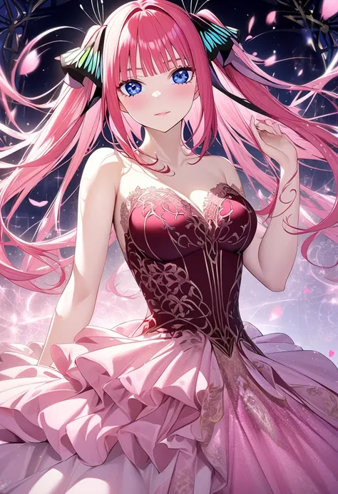 1girl, nakano nino, go-toubun no hanayome, pink hair styled in twin tails with butterfly-shaped hair accessories, wearing a glamorous evening gown in shades of vibrant pink and rose gold. The dress features a fitted bodice with intricate lace details and a...