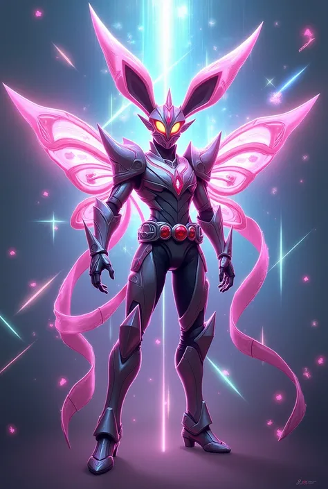 The Kamen Rider Sylveon logo is a visual representation that combines the heroic style of the Kamen Riders with the grace and tenderness of Sylveon. And let Kamen Rider say 