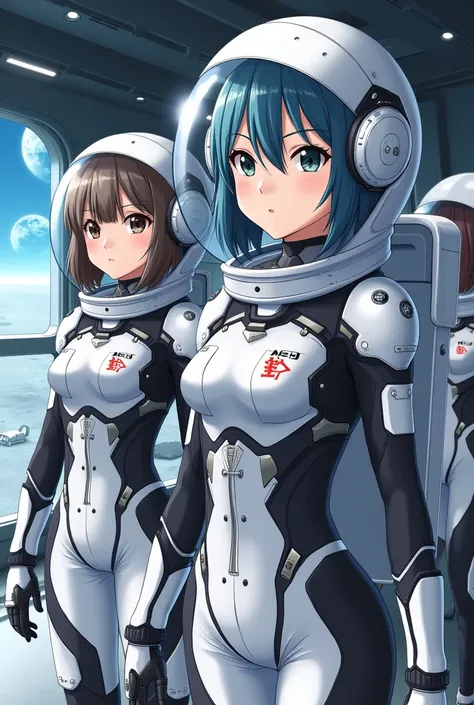 masterpiece, Highest quality, high resolution, newest, 2girls, friends, (group shot):5, (upper body):5, kyoto animation style, detailed, BREAK lunar base interior and exterior, moon surface exploration, lunar landscape, BREAK (white and black mechanical sp...