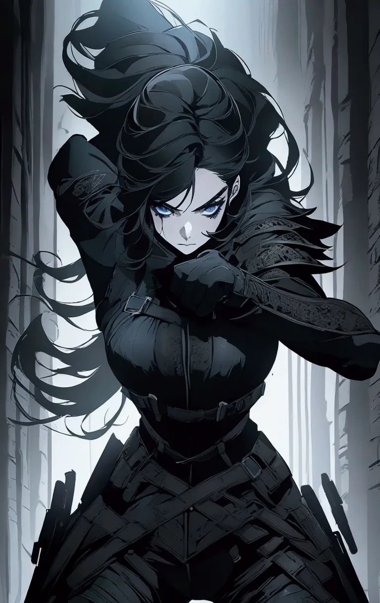 the image depicts a female character with long black hair, wearing a dark-colored tight-fitting top and a tactical vest or harne...