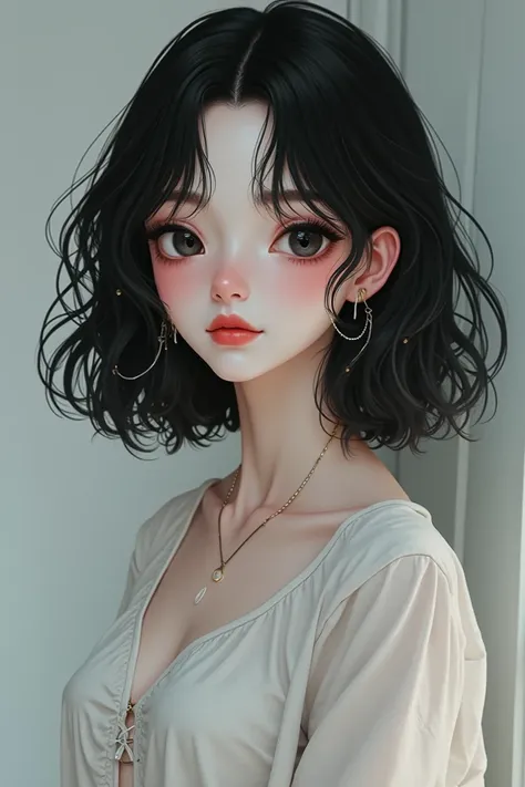  A girl with white skin like velvet , More or less than 1.70 meters high.  Her hair is semi-wavy and goes a little further down the shoulders , her hair is black in color and has white dyes scattered all over the hair,  her eyes are a dark black color , an...