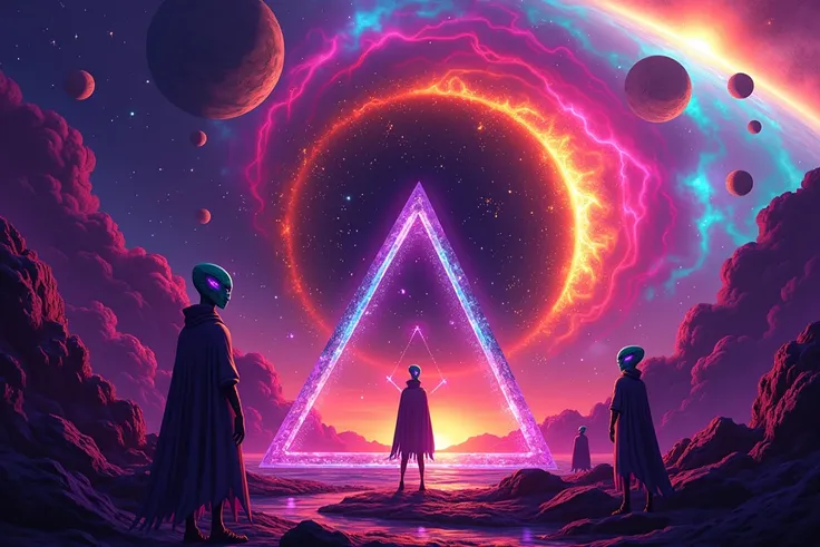 Create a bold, high-quality cartoon-style cosmic illustration using only the colors purple (#6A0DAD), neon blue (#00FFFF), golden orange (#FFA500), and black (#000000).

At the center, a glowing triangle with neon pink and blue illuminated edges, surrounde...