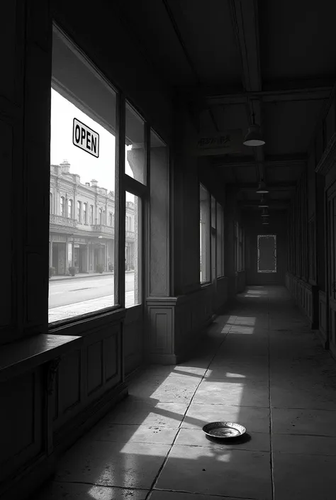 . An empty store or office , no customers, a plate of "Open", but no one walks by the street .  
*Effect*:  The image may have a faint shade of gray or dark purple to reinforce the gloomy mood. Leave the image 100 % Black and White