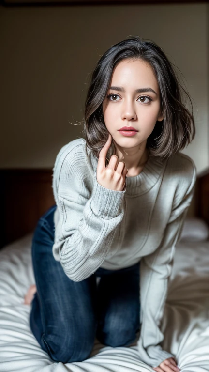 realistic, ultra detailed, photo display from head to toe, a 23 year old girl, wearing a sweater and panties, naughty expression, no makeup, bare face, beautiful face, sweet face, hands 1:3, ((small breast, perfect round :1.1)), soft color grade, ((shot ta...