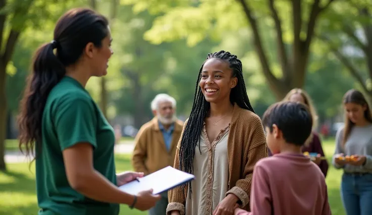  The image shows an outdoor classroom in an urban park ,  where a diverse group of individuals of various ages and backgrounds actively participate in a social education workshop. In the foreground, an educator ,  with black hair and a green t-shirt , He i...