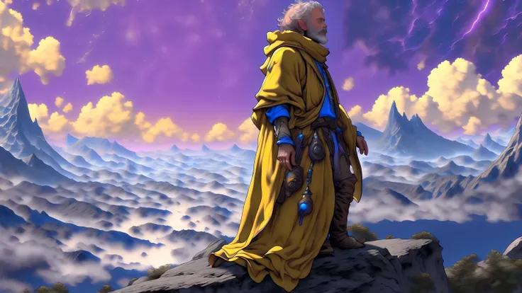 (close-up， best quality ,4K,8k, High resolution,masterpiece:1.2),ultradetailed,(realistic, photorealistic , photorealistic :1.37), Exotic and dreamy landscape , (Distant Planetary Sky, A man wearing an old and shabby yellow Jedi costume , blue and purple c...