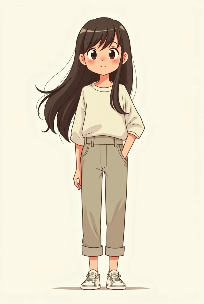 Create a cartoon of a girl with long hair with a serquillo and a blouse who wears pants and sneakers. Bottomless behind , And from the front only one girl