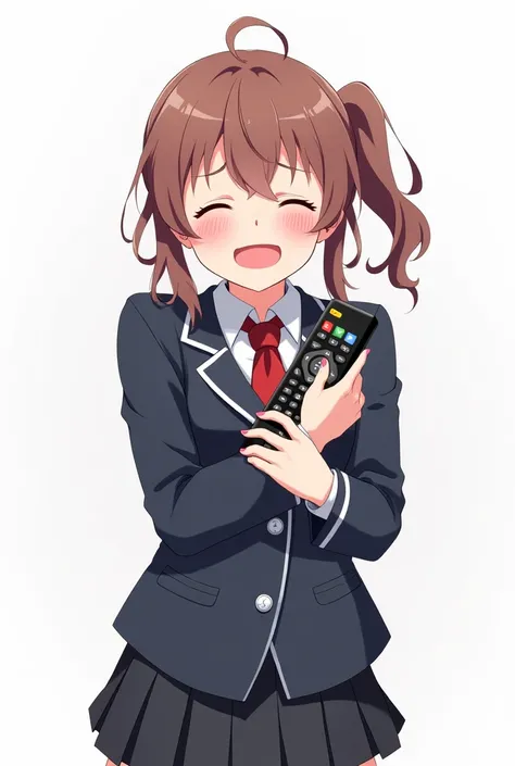 Adult woman wearing school blazer anime image with a television remote control white background and full body with an emotion of joy and embracing the TV control and with pink nails And presenting the control with joy and nervousness on the cheek and embra...