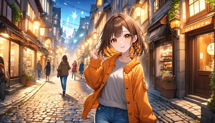 background： Cobblestone Road 、 old streets lined up with tasteful stores 。  
expression： with my eyes shining。  
Costume： sweaters and denim pants 。  
 pose：Im enjoying a new place while walking down the street 、 waving one hand lightly 。  
scene：( brown-h...