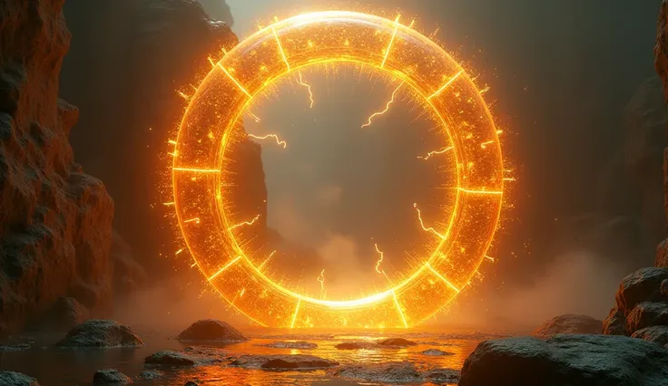  A magical circular portal made of golden and orange energy pulses intensely,  with mystical runes swirling around it .  Its translucent surface reflects an alternative world ,  filled with surreal and mysterious landscapes .  The surrounding environment i...