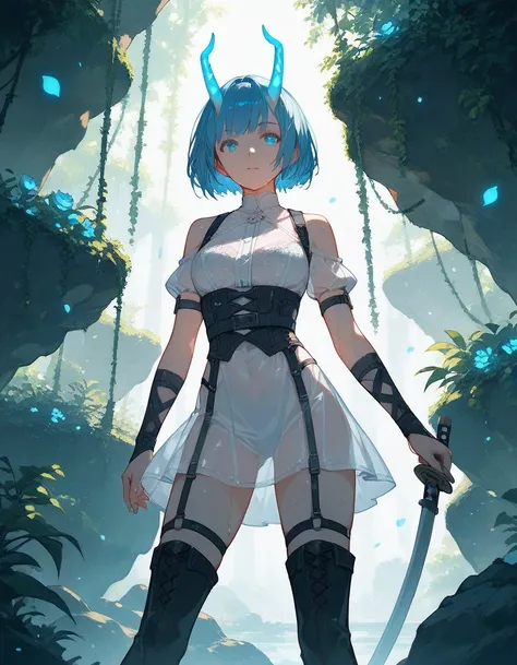 close up, score_9, score_8_up, score_7_up, (solo), 1girl, blue hair, blue eyes, hair, bob hair cut, ((glow horns)), sweaty, white transparent clothes, medium breast, ((hands)), fingers, lace, skirt, high boots, katana, straps, rocks, plants, 
