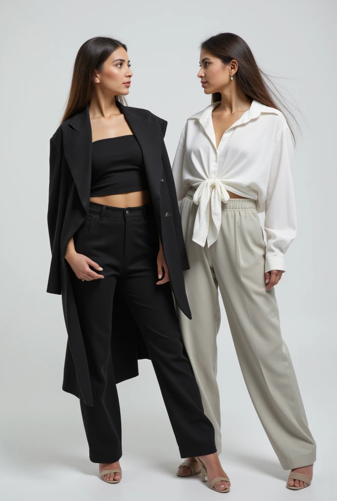 Two Pakistani women with square face are standing side by side against a minimalist background, emphasizing the striking contrast between their outfits. The woman on the left is dressed in a sleek black ensemble, featuring a black crop top, high-waisted pa...