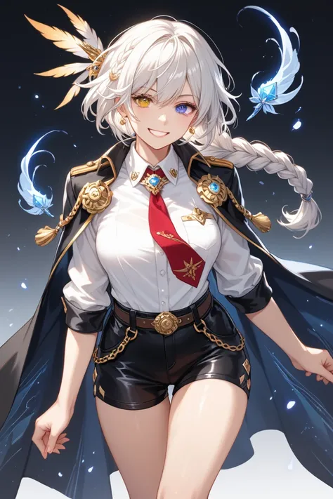 An anime tanned girl character with dual-colored black and white hair, one braided strand with a feather ornament, The character has heterochromia: one eye glowing purple with a crystalline pattern, and the other covered by radiant golden energy , Wearing ...