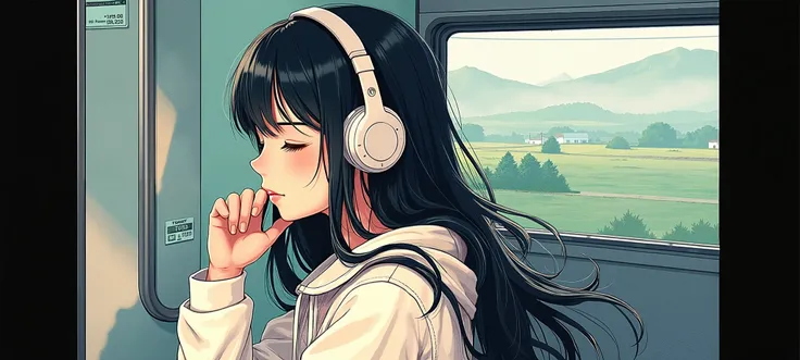 Girl with long teenage hair listening to music on the train