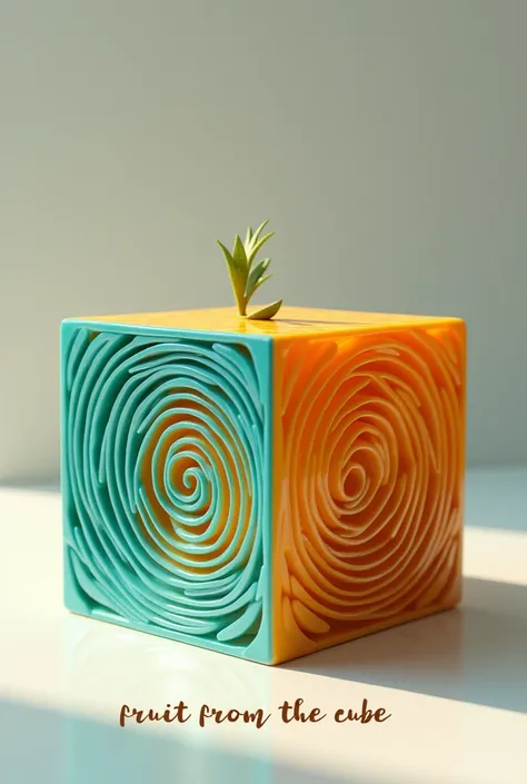  A cyan orange in the shape of a cube with spiral designs, With a text at the bottom "FRUIT FROM THE CUBE ".