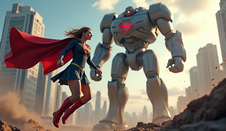 Realistic photo. In a futuristic American city, Supergirl and Superman are fighting a dangerous and menacing giant robot.