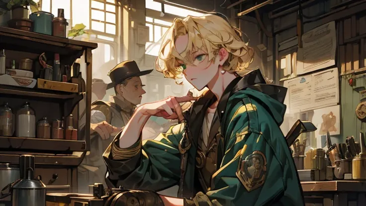 person, youth, Blonde, curly hair, Green eyes,   Passionate expression  ,  Repairing a machine with a monkey spanner in one hand  ,  The background is a workshop where a machine is repaired with a monkey spanner in one hand.  , Steampunk,    warm atmospher...