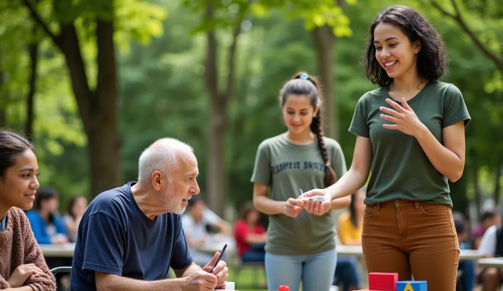 the image shows an outdoor classroom in an urban park ,  where a diverse group of individuals of various ages and backgrounds ac...