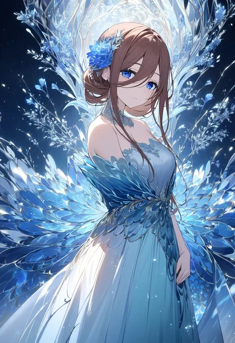 1girl, nakano miku, go-toubun no hanayome, long brown hair with a simple ribbon-shaped hair accessory, wearing an elegant evening gown in shades of deep blue and silvery teal. The dress features a delicate, flowing design with subtle embroidery of waves an...