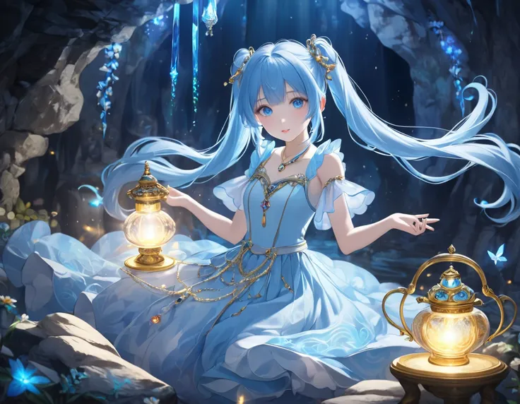  long light blue hair、 Beautiful Girl with Twin Tails 、In a dark cave、A magic lamp that shines brightly、The jewels are shining a lot