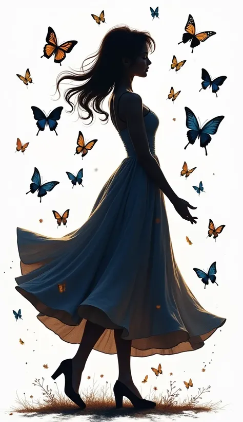 mj, RTX, 4k, HDR, Anna Razumovskaya, Casey Baugh, Antonio Mora, Aminola Rezai, Giovanni Boldini, art, realistic art.silhouette of a woman surrounded by butterflies, trending on pixabay, beautiful dress, cute artwork, cinderella, beautiful shapes, polishing...