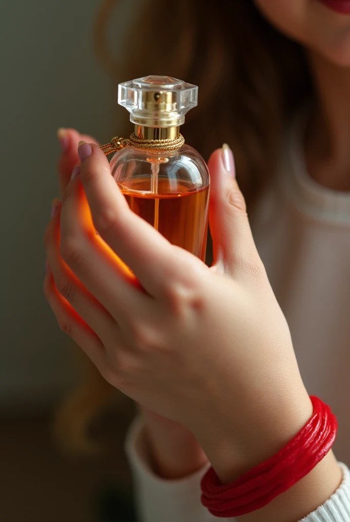 a big hand of a young girl with a red bracelet on her wrist ,  that the hand is a little huddled holding the perfume if by Giorgio Armani 
