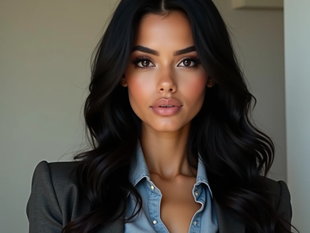 a realistic photo of a 25 year old American or Latina woman with long black hair and dark eyes wearing business casual clothing 4k 8k ultradetailed, soft images, realistic woman, detailed eyes, detailed face, detailed lips, hot, busty 2048 x 1536