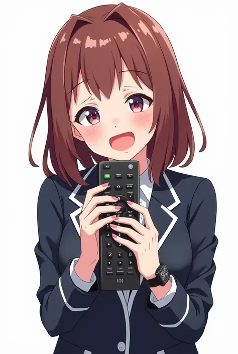 Adult woman wearing school blazer anime image with a television remote control white background and full body with an emotion of joy and embracing the TV control and with pink nails and with a black watch And presenting the control with joy and nervousness...