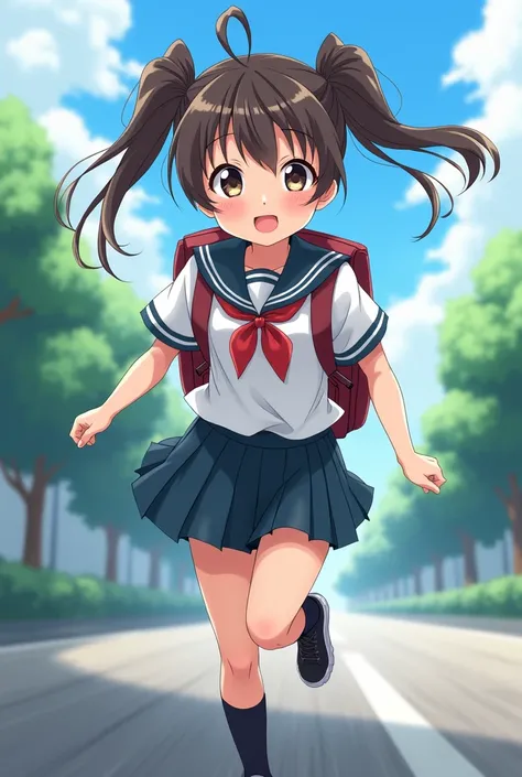 anime image of a girl in uniform with a backpack running