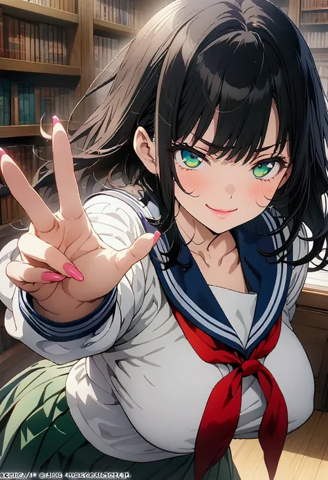 (masterpiece, top quality, best quality, official art, beautiful and aesthetic:1.2), 1 girl, sailor school girl uniform, green skirt, white shirt, slutty pose, anime, sexy, green eyes, long black hair, library background, busty, good hands, smug sultry smi...