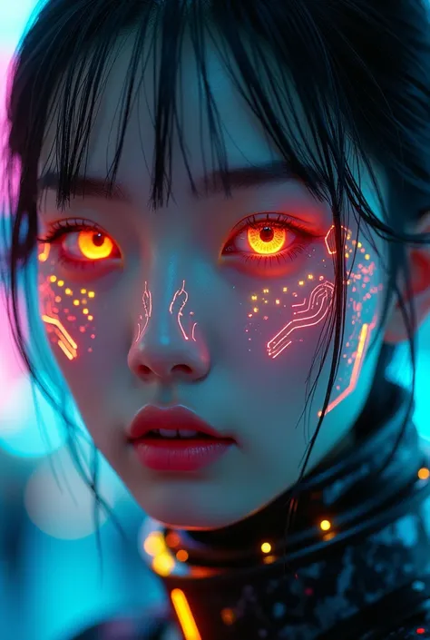 Hyperrealistic cyberpunk close-up, Korean womans face with biomechanical implants, neon green and fluorescent pink luminescent circuits integrated into skin. Modified eyes with backlit glowing orange irises, liquid crystal depth effect. 3D geometric circui...