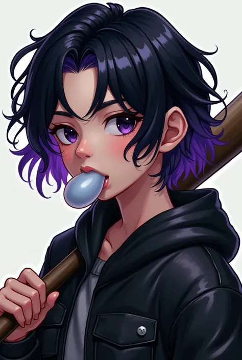 a semi-realism of a young Korean boy with medium and wavy long hair,  your hair is black with purple tips ,  her eyes are dark like night .  he is chewing gum while holding a baseball bat. Your outfit is a black leather jacket .