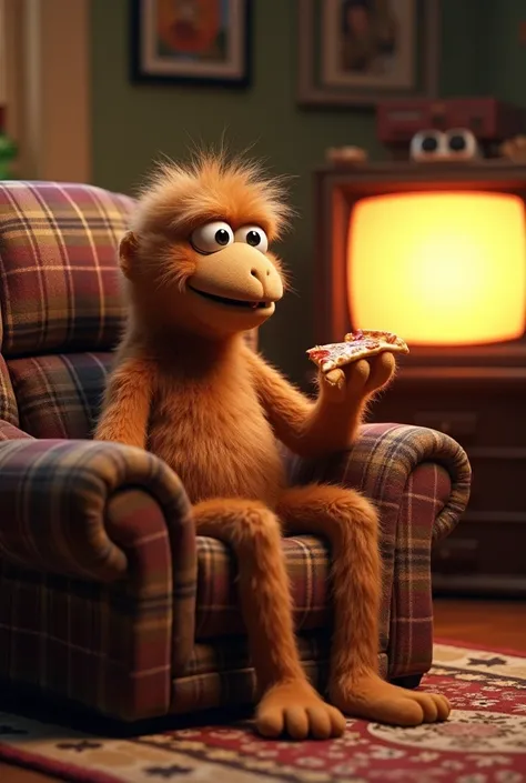 ALF sits on the chair, eats the pizza and watching TV.