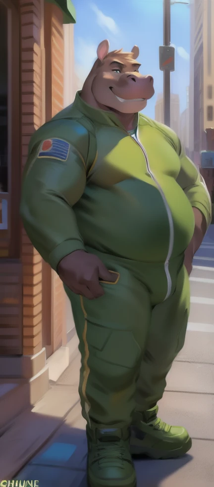 Solo, male, standing, street, hippo, green military spacesuit, overweight, muscular, smirking, by chunie